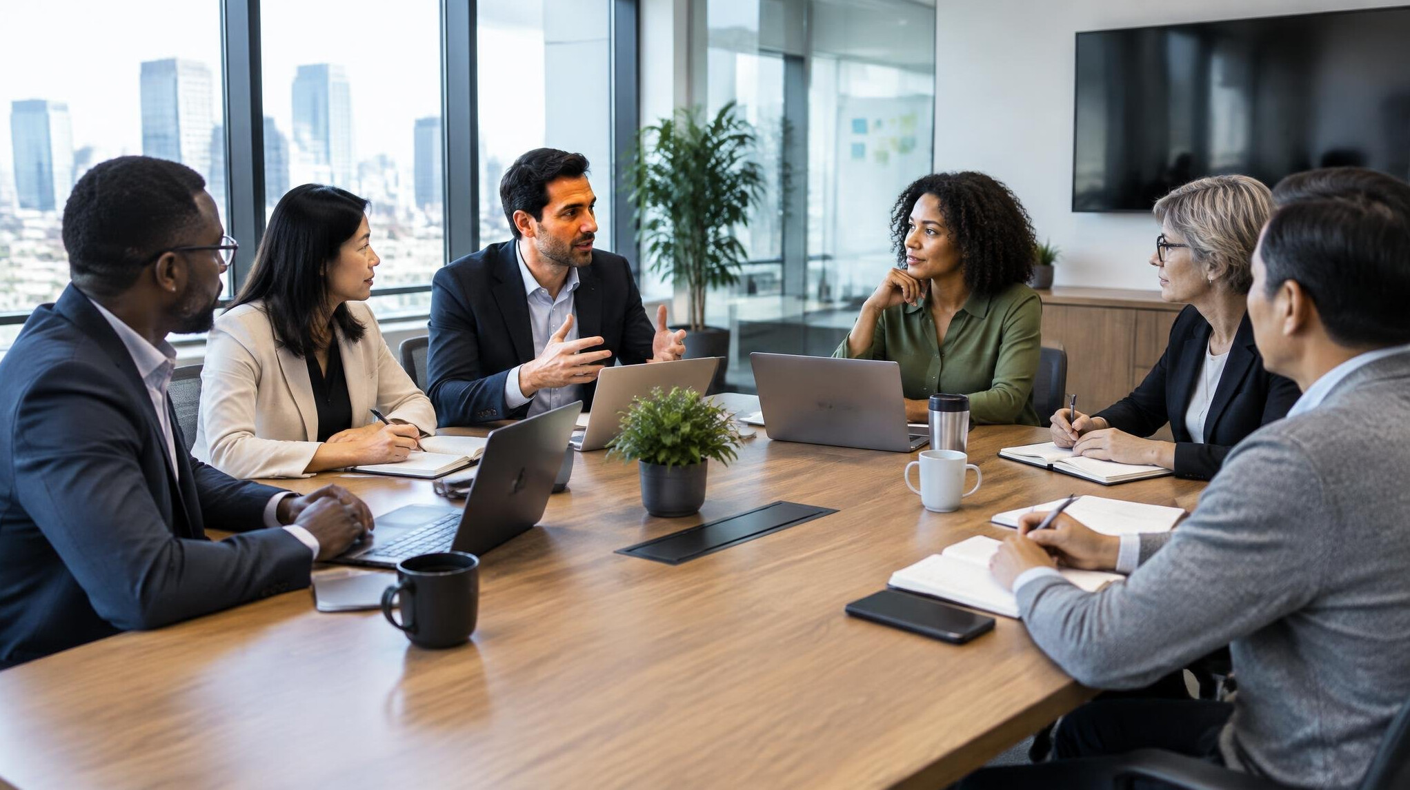 Team of managers collaborating around a conference table